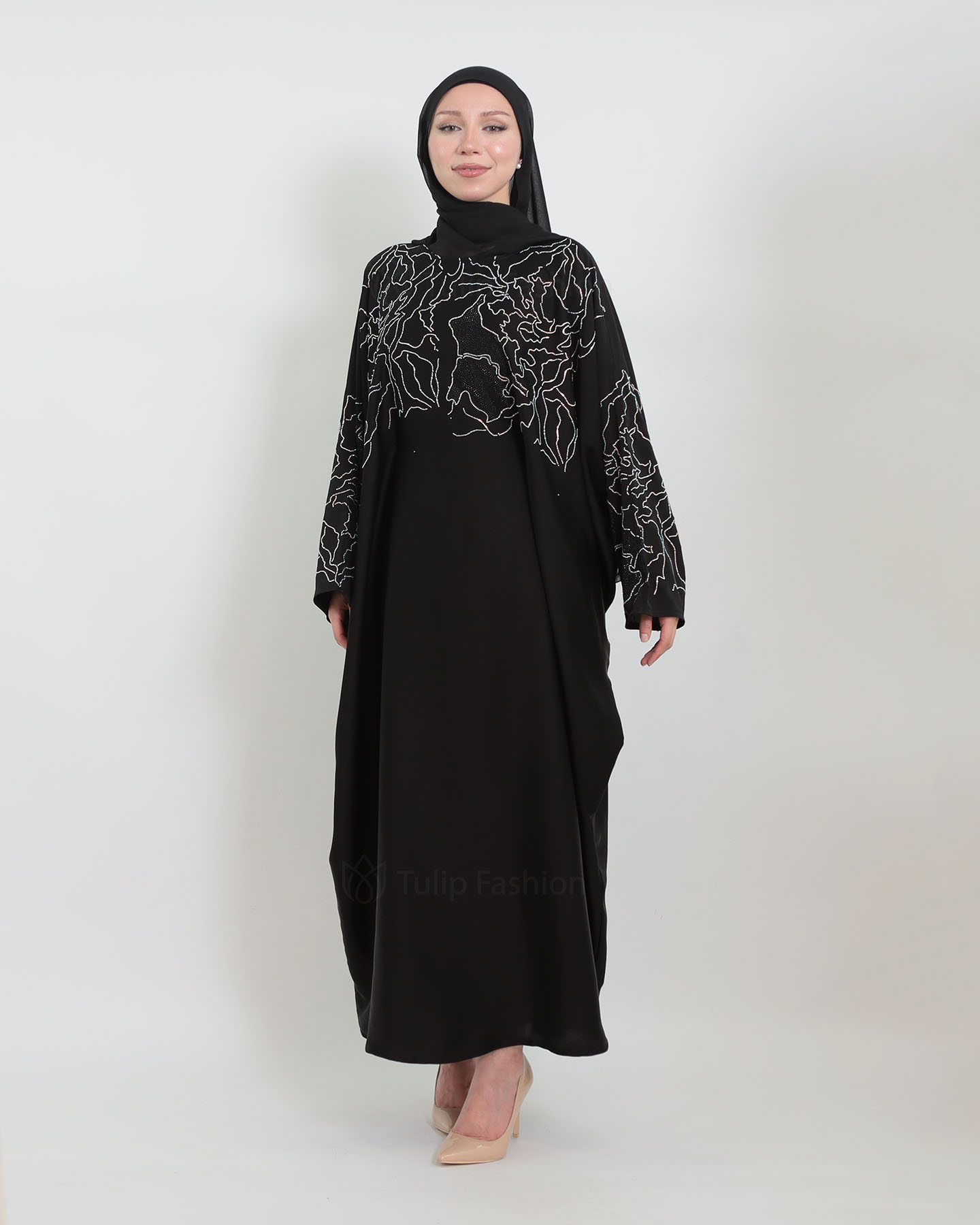 Butterfly Abaya - Sten Dekorerad - Svart