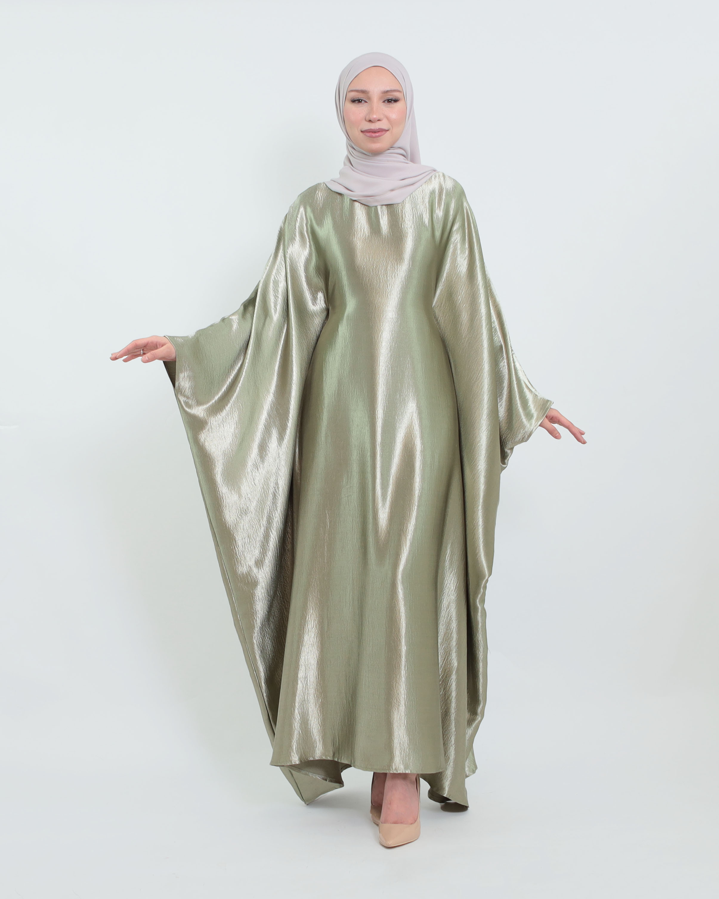 Butterfly Abaya i Satin - Salviagrön